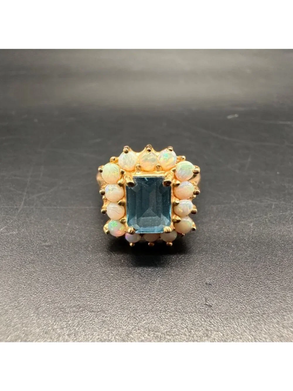 Vintage Ring 14k Yellow Gold Blue Topaz Opal Cabochons Cocktail Size 5.5 Retro